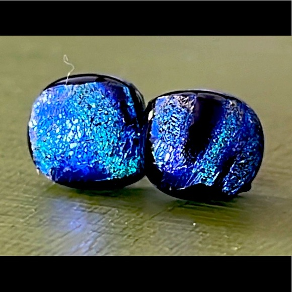 Blue Black Dichroic Glass Post Earrings - Picture 1 of 3